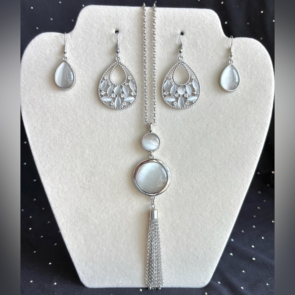 Silver-Tone White Cat's Eye Pendant Long Necklace & Earring Set